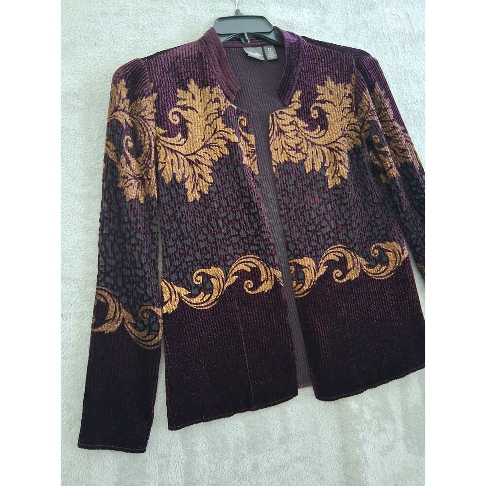 Chicos Travelers Sm Open Cardigan Purple Gold Velvet Burnout Boho Whimsigoth